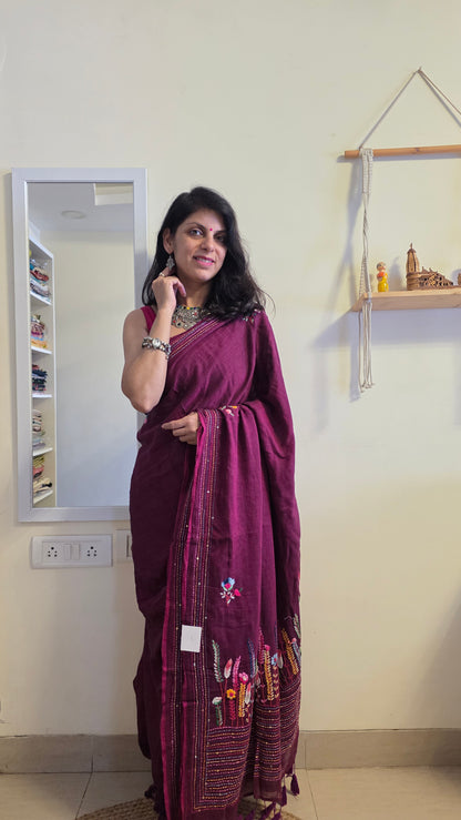 Wine Mulmul Chikankari embroidery Saree