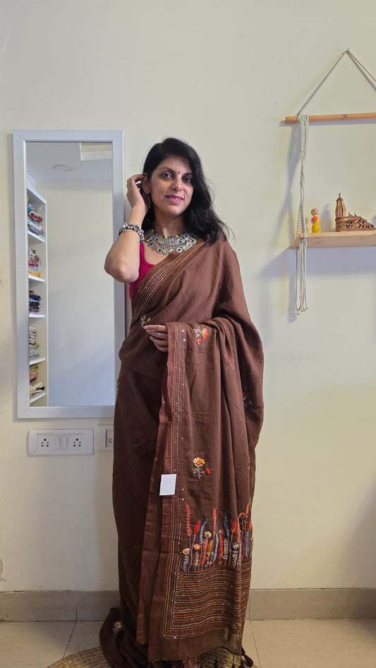 Brown Mulmul Chikankari embroidery Saree