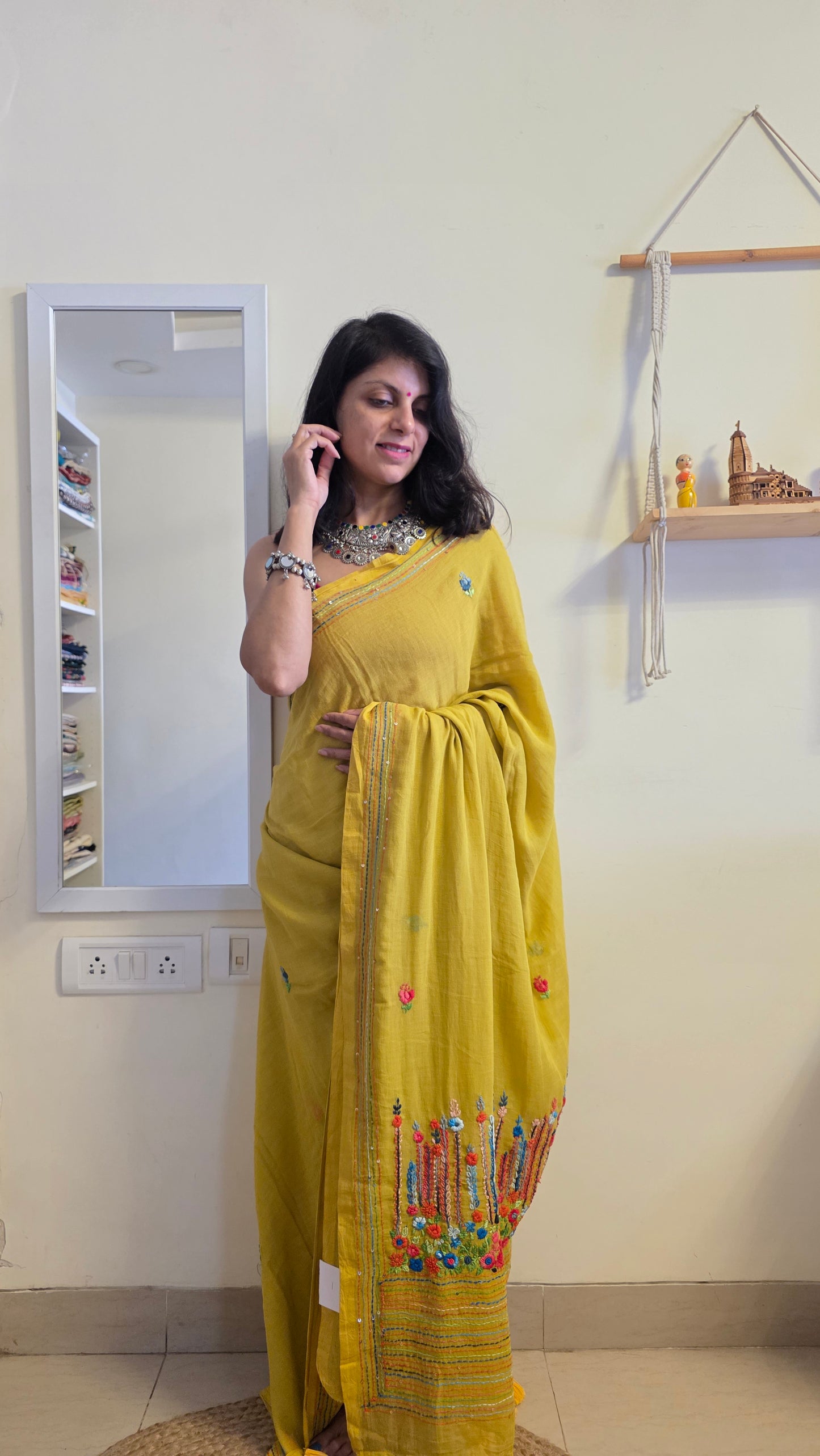 Green Mulmul Chikankari embroidery Saree