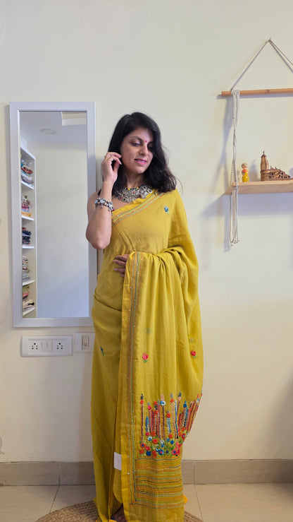 Green Mulmul Chikankari embroidery Saree