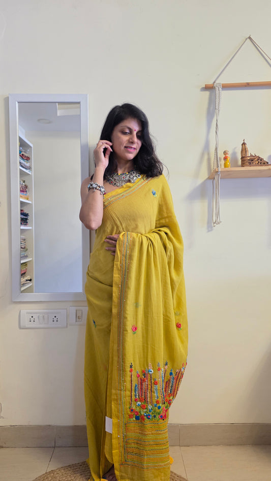 Green Mulmul Chikankari embroidery Saree