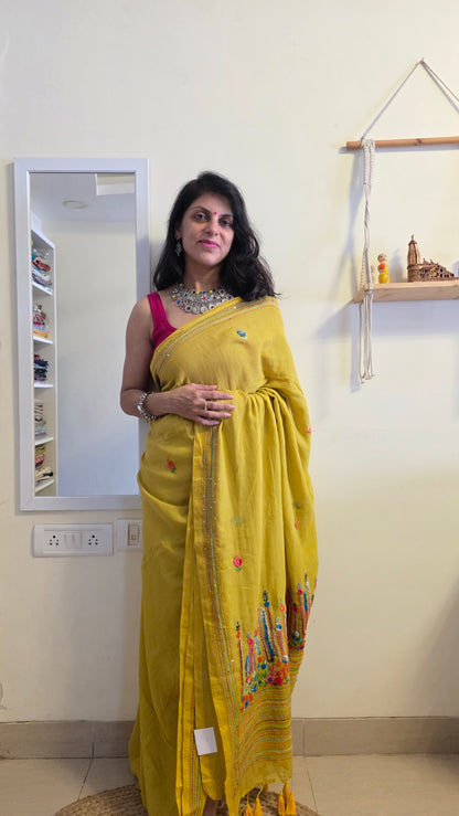 Green Mulmul Chikankari embroidery Saree