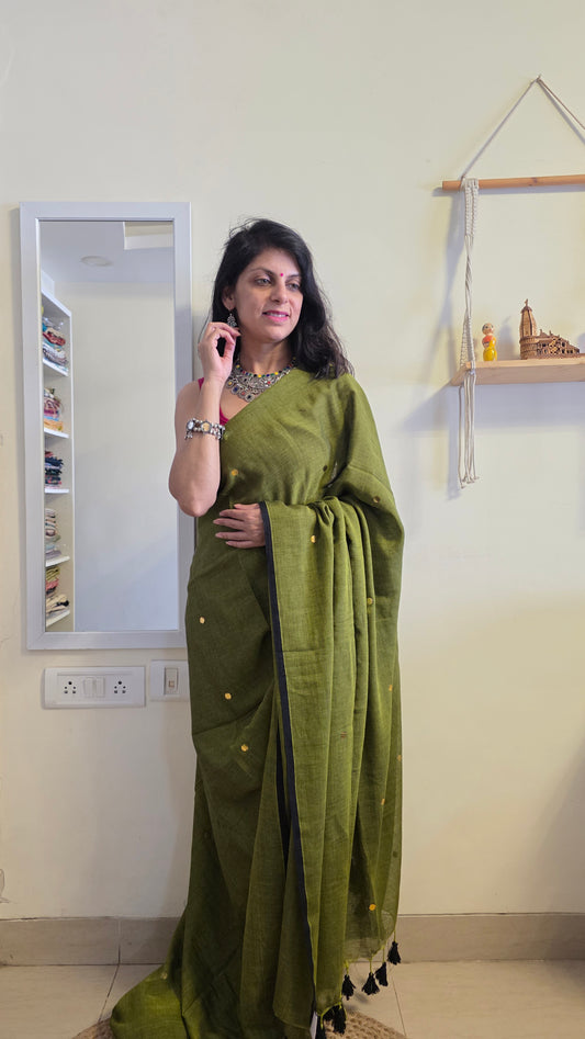 Tara green Mulmul Sari with tassels