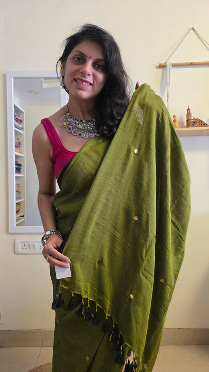 Tara green Mulmul Sari with tassels