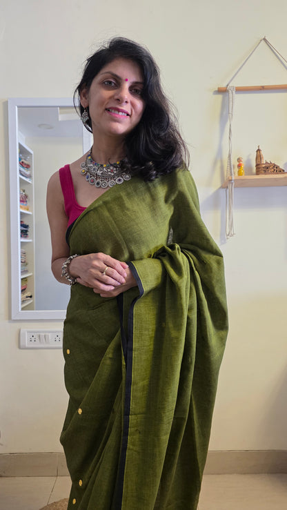 Tara green Mulmul Sari with tassels