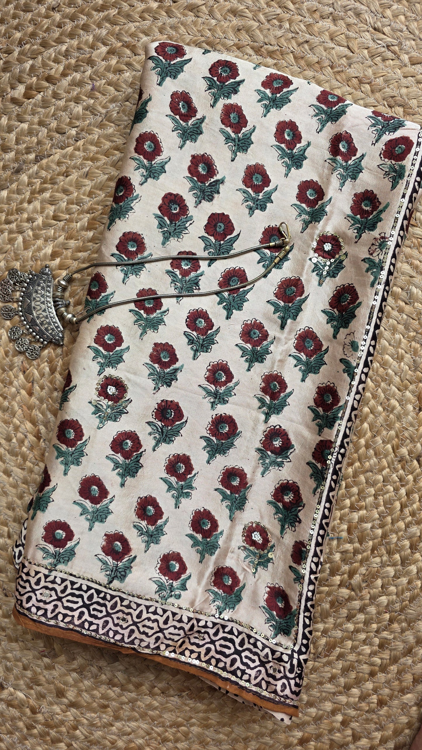 Bijli |Modal ajrakh Saree tissue pallu with hand embroidery