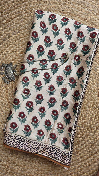 Bijli |Modal ajrakh Saree tissue pallu with hand embroidery