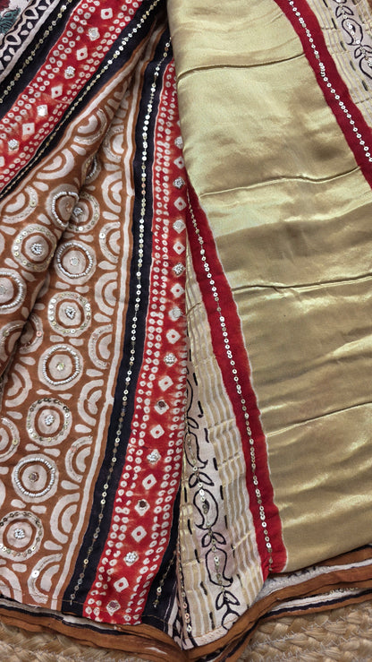 Bijli |Modal ajrakh Saree tissue pallu with hand embroidery