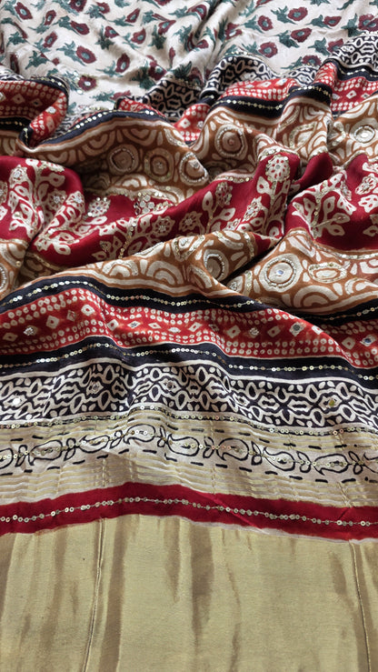 Bijli |Modal ajrakh Saree tissue pallu with hand embroidery