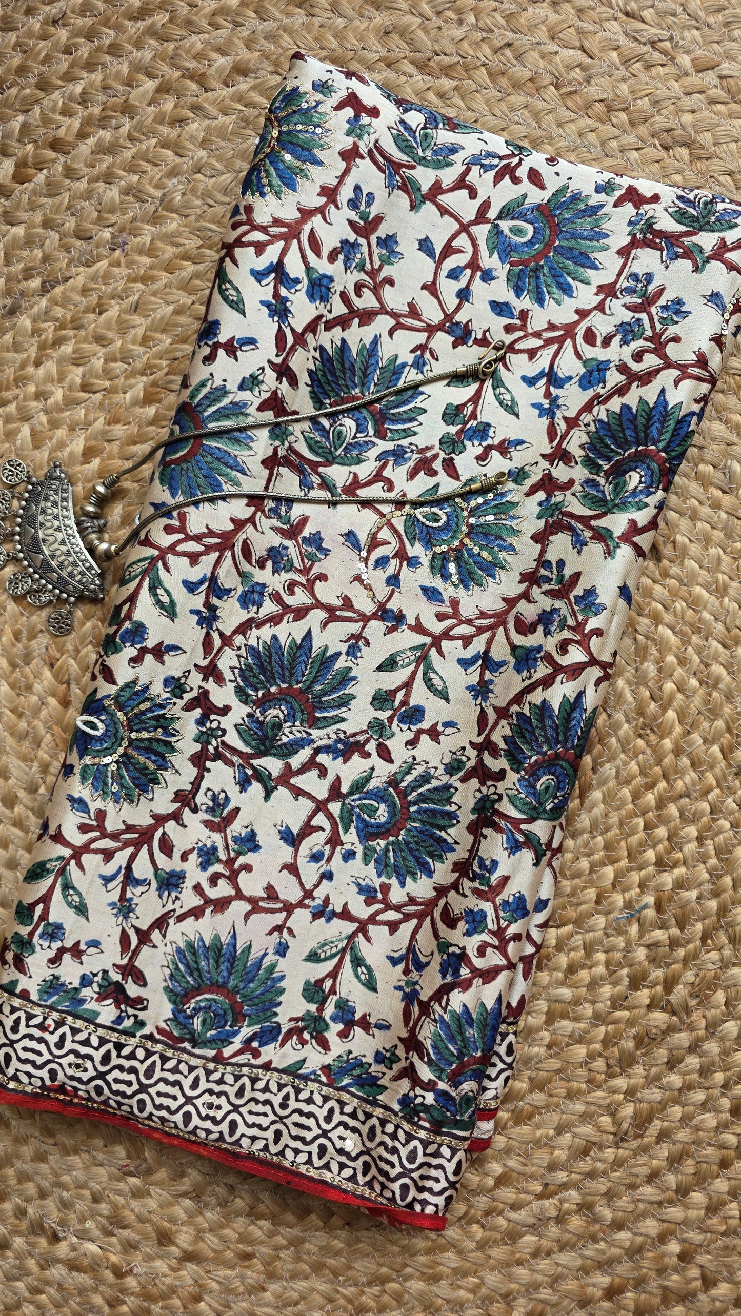 Bijli |Modal ajrakh Saree tissue pallu with hand embroidery