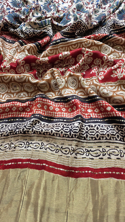 Bijli |Modal ajrakh Saree tissue pallu with hand embroidery