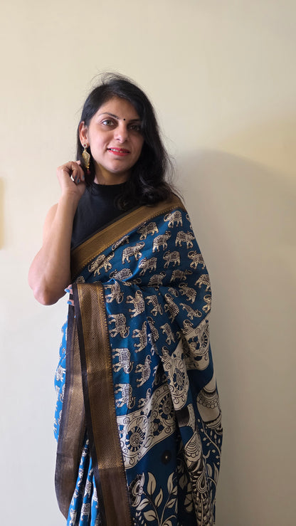 Katha Blue Chennuri Silk|kalamkari Saree