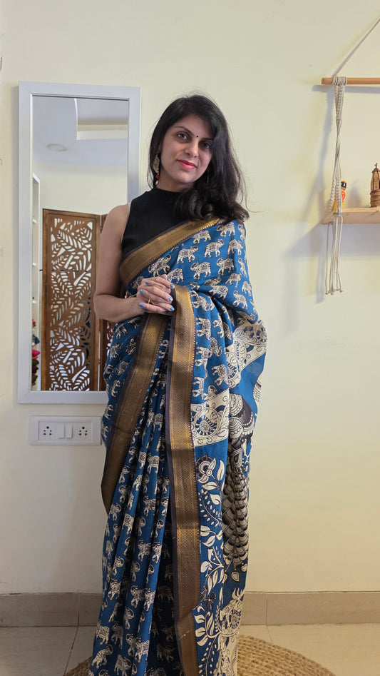 Katha Blue Chennuri Silk|kalamkari Saree