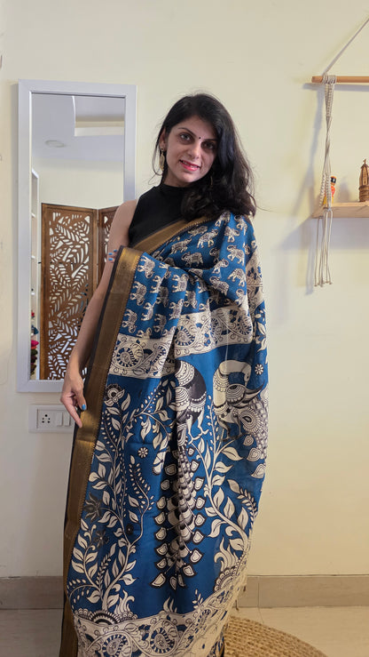 Katha Blue Chennuri Silk|kalamkari Saree