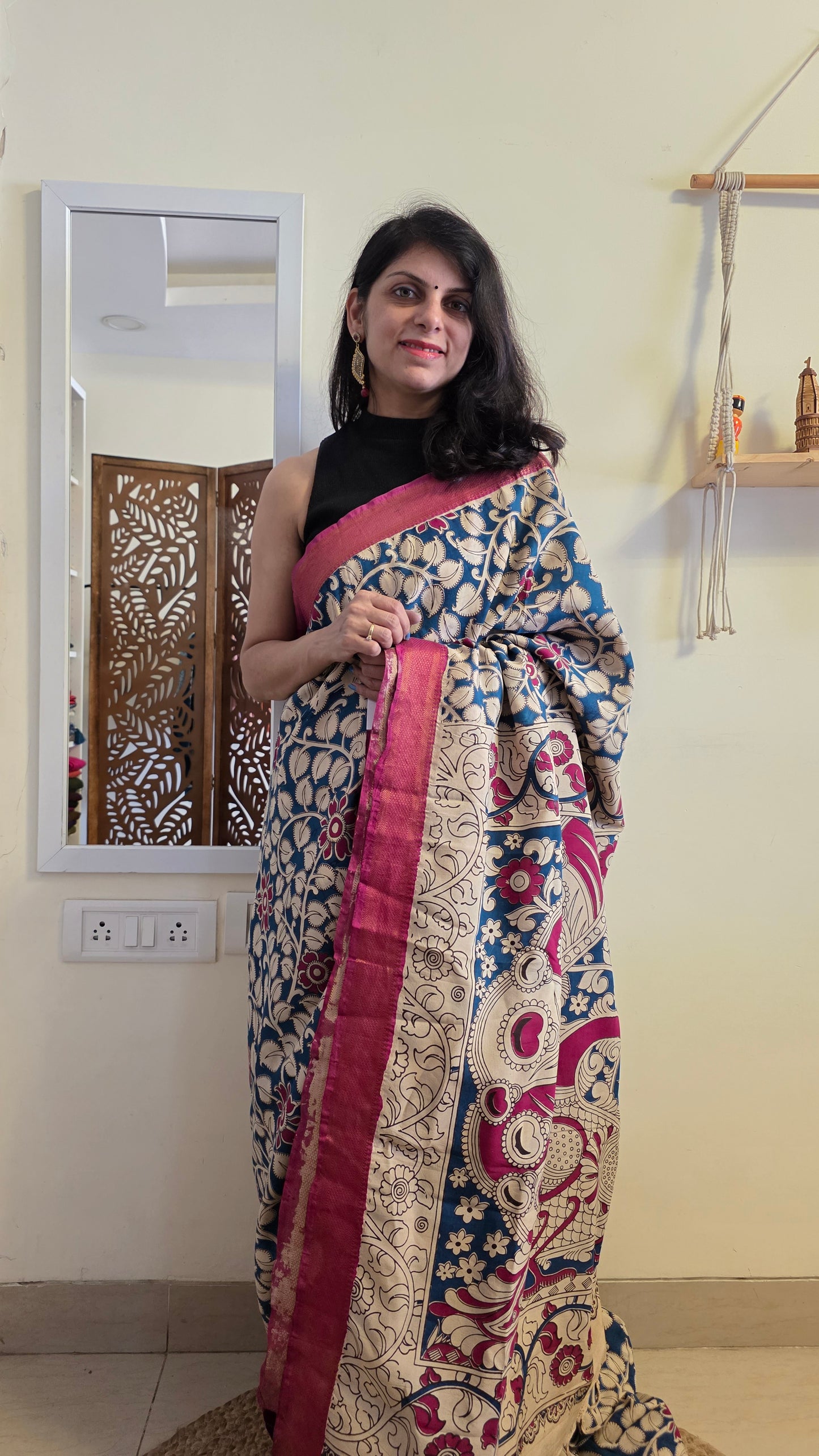 Katha Blue Outline Chennuri Silk|kalamkari Saree