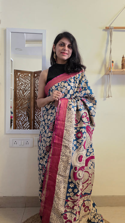 Katha Blue Outline Chennuri Silk|kalamkari Saree