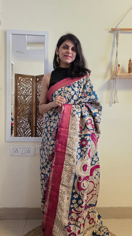 Katha Blue Outline Chennuri Silk|kalamkari Saree