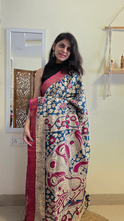 Katha Blue Outline Chennuri Silk|kalamkari Saree