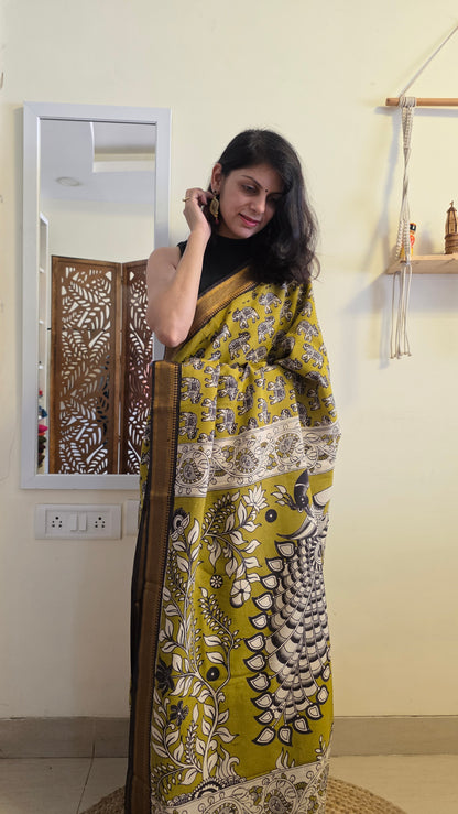 Katha Green Outline Chennuri Silk|kalamkari Saree