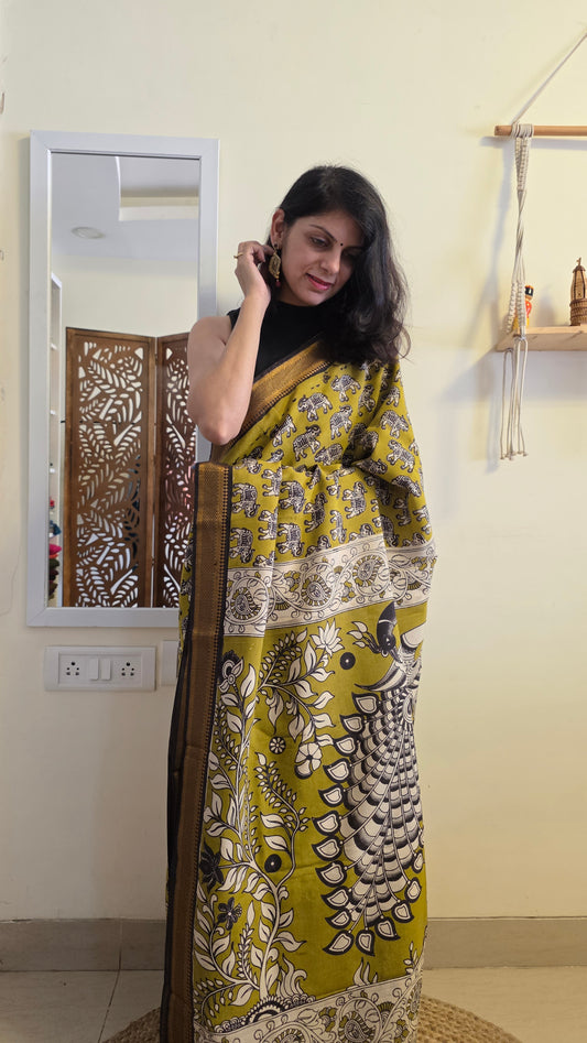 Katha Green Outline Chennuri Silk|kalamkari Saree