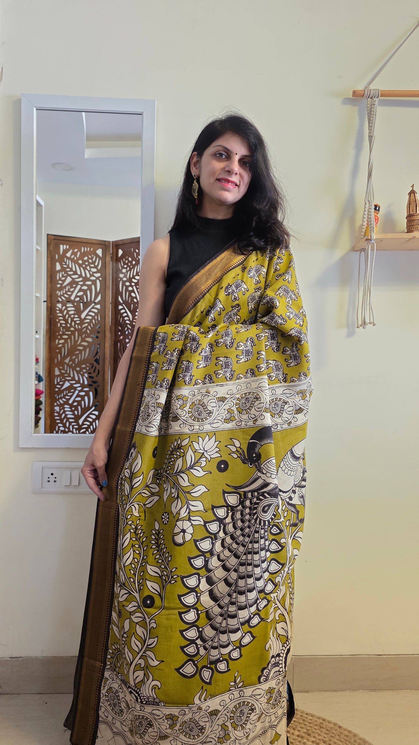 Katha Green Outline Chennuri Silk|kalamkari Saree