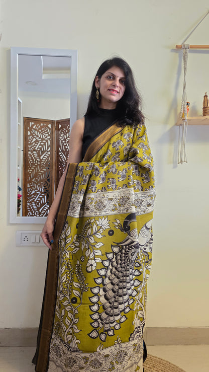 Katha Green Outline Chennuri Silk|kalamkari Saree