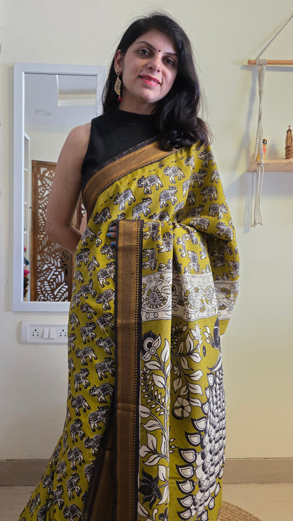 Katha Green Outline Chennuri Silk|kalamkari Saree