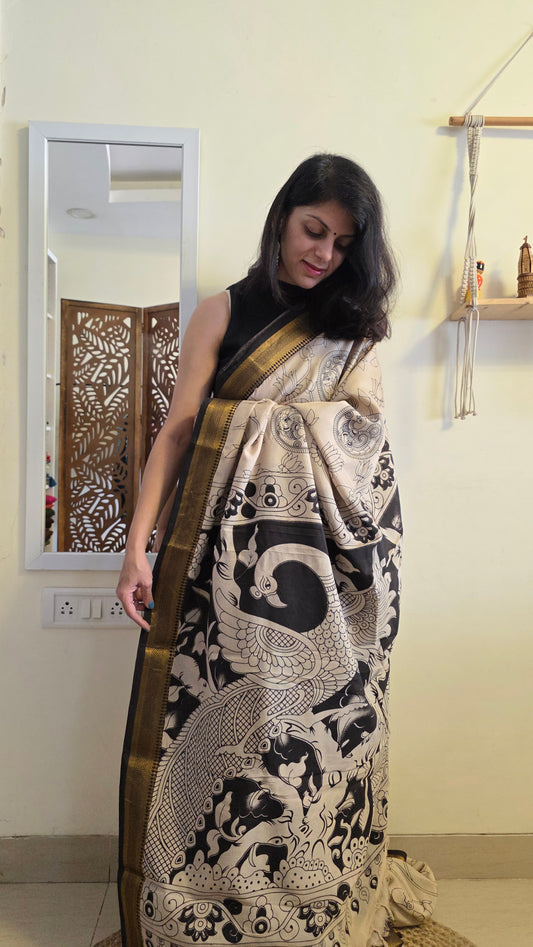 Katha Ivory Outline Chennuri Silk|kalamkari Saree