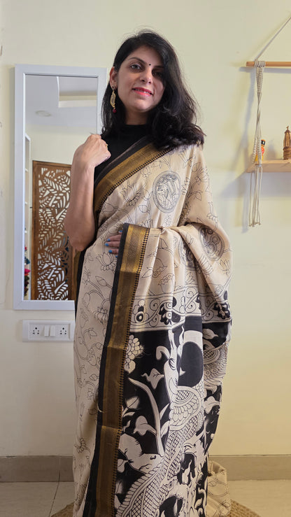 Katha Ivory Outline Chennuri Silk|kalamkari Saree