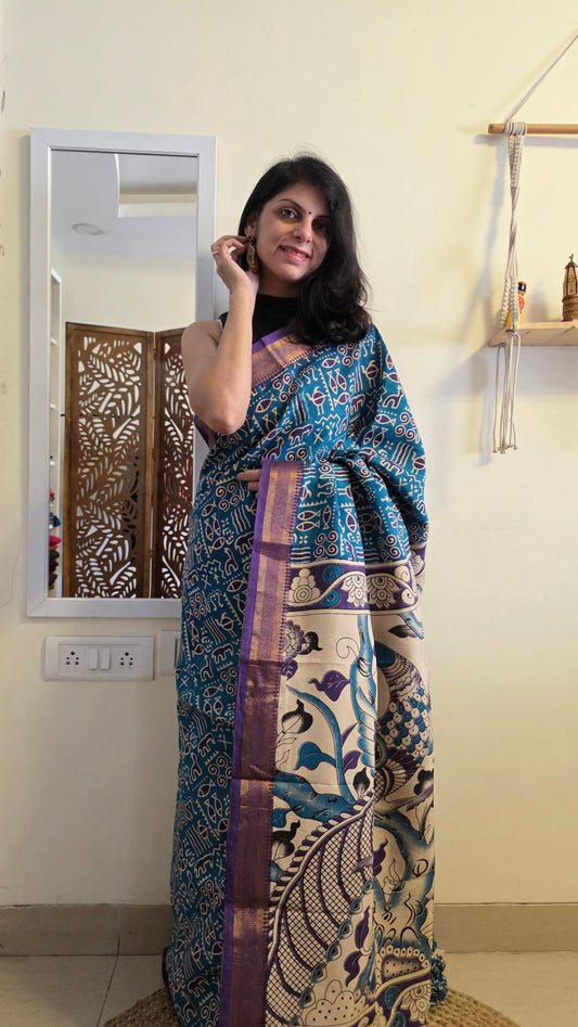 Katha Blue Outline Chennuri Silk|kalamkari Saree