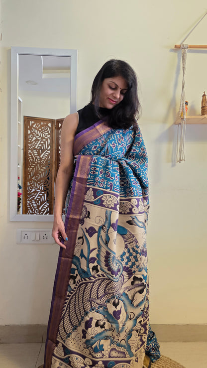 Katha Blue Outline Chennuri Silk|kalamkari Saree