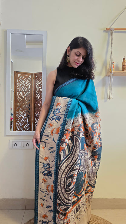 Katha| Blue kalamkari Silk Saree