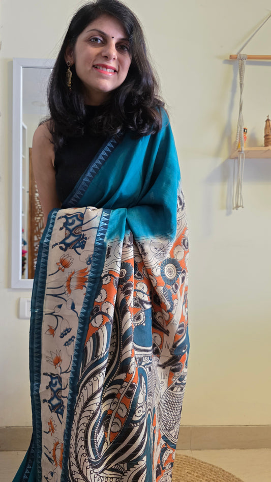 Katha| Blue kalamkari Silk Saree