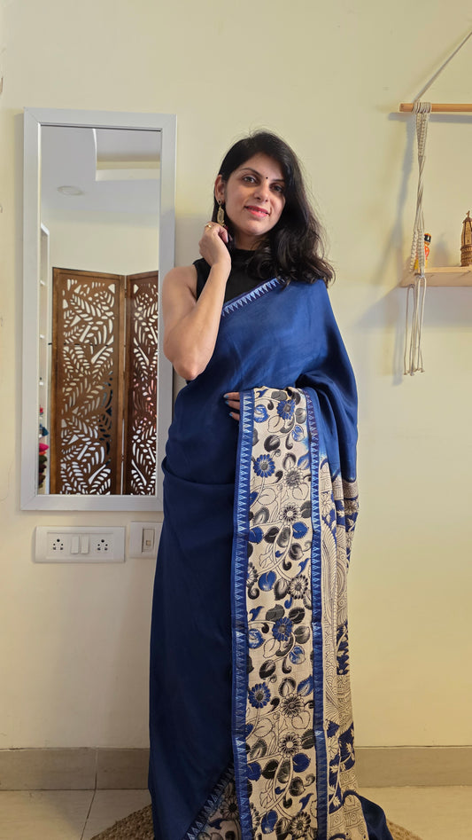 Katha| Blue kalamkari Silk Saree