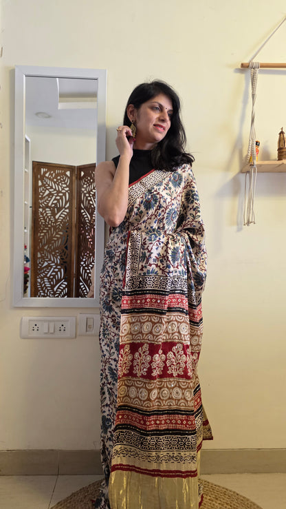 Bijli |Modal ajrakh Saree tissue pallu with hand embroidery