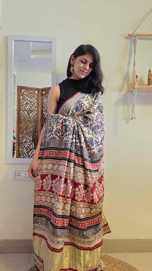 Bijli |Modal ajrakh Saree tissue pallu with hand embroidery