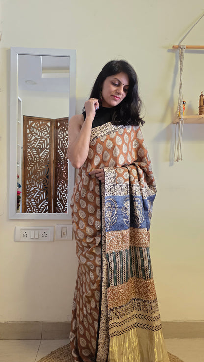 Bijli |Modal ajrakh Saree tissue pallu with hand embroidery