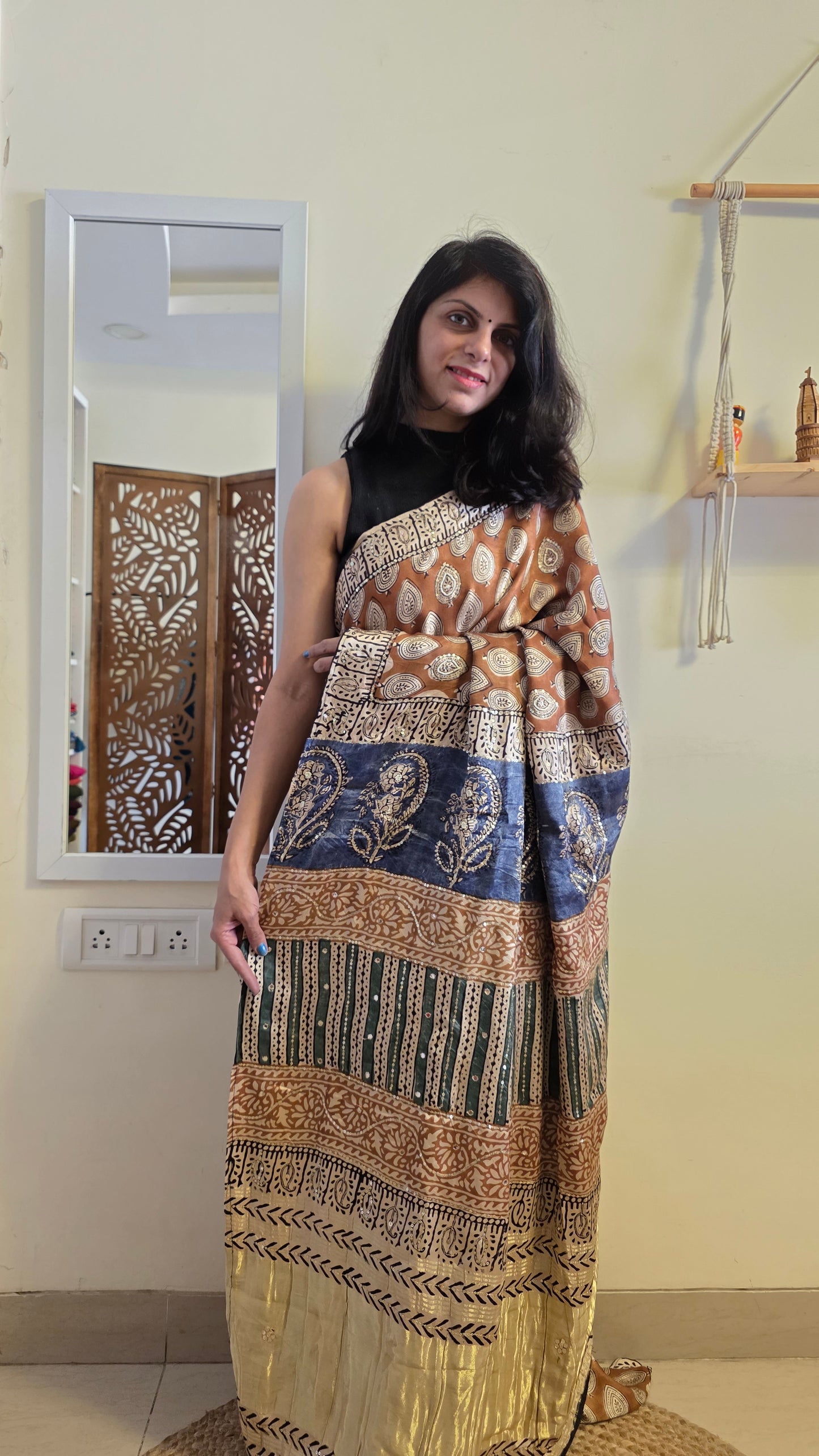 Bijli |Modal ajrakh Saree tissue pallu with hand embroidery