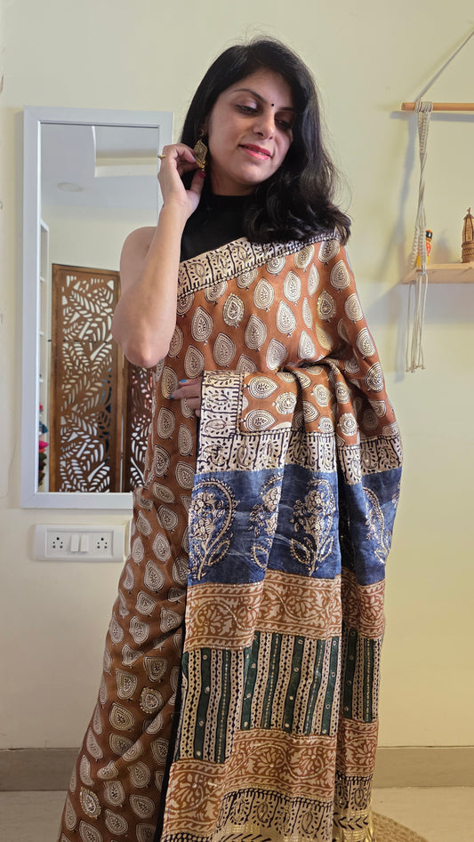 Bijli |Modal ajrakh Saree tissue pallu with hand embroidery