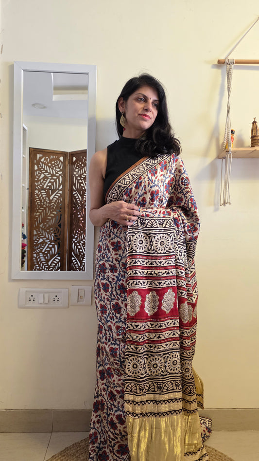 Bijli |Modal ajrakh Saree tissue pallu with hand embroidery