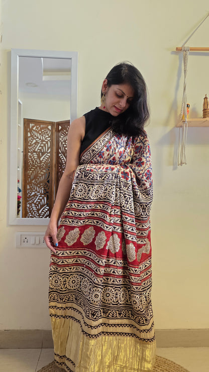 Bijli |Modal ajrakh Saree tissue pallu with hand embroidery