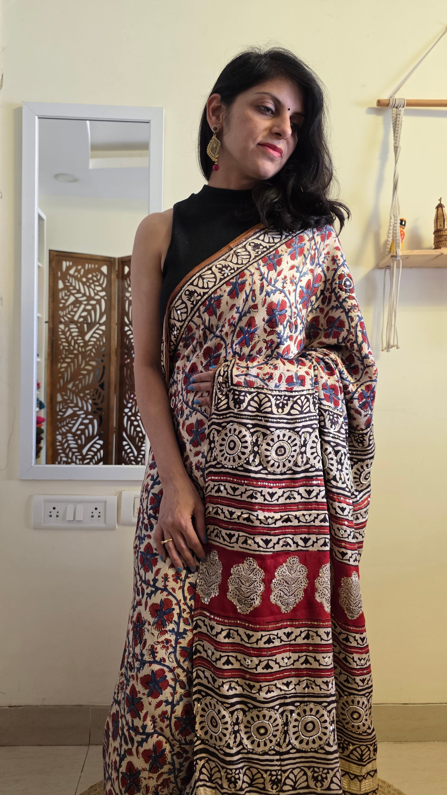 Bijli |Modal ajrakh Saree tissue pallu with hand embroidery