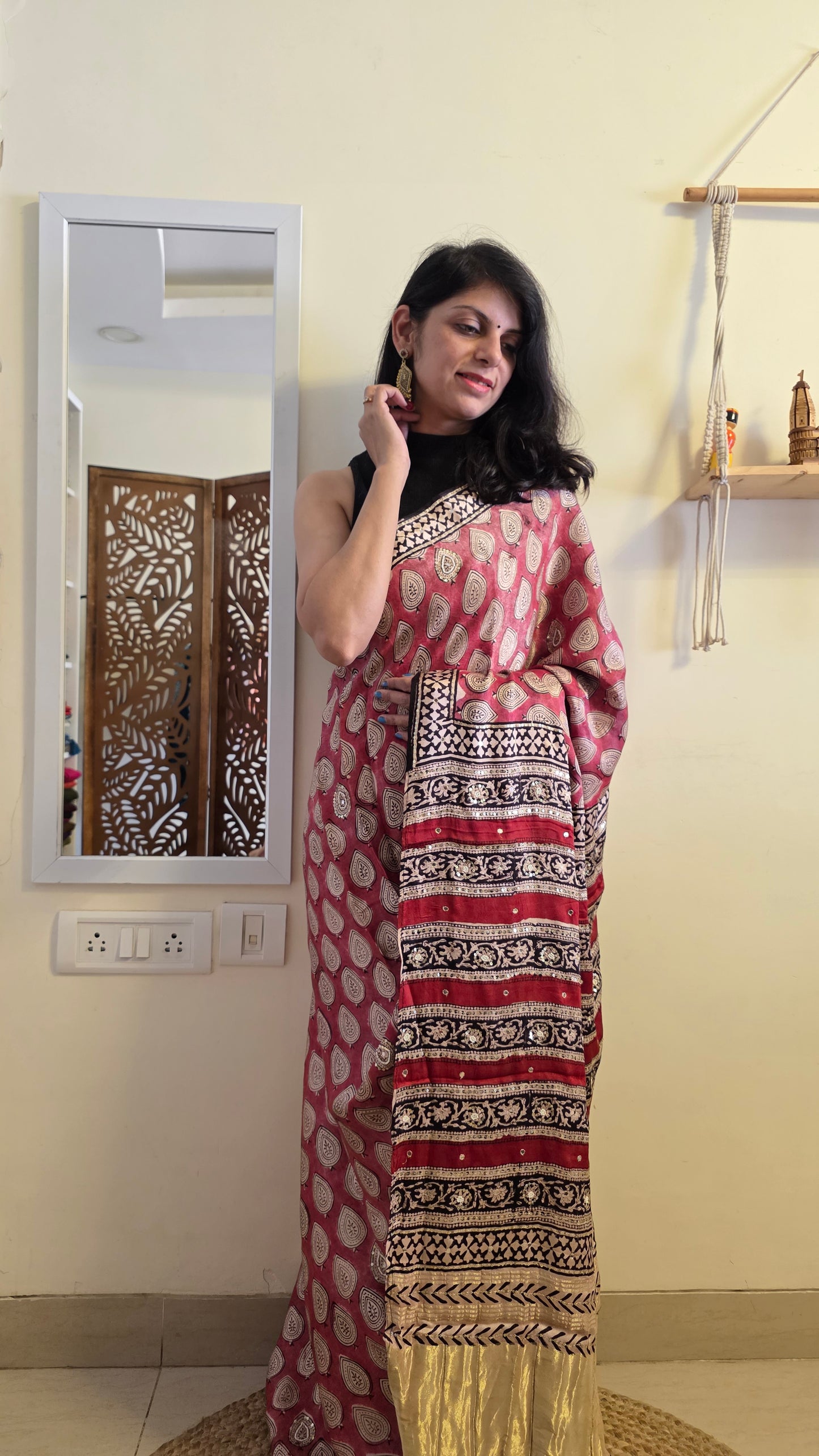 Bijli |Modal ajrakh Saree tissue pallu with hand embroidery