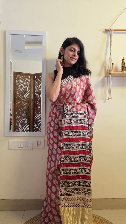 Bijli |Modal ajrakh Saree tissue pallu with hand embroidery