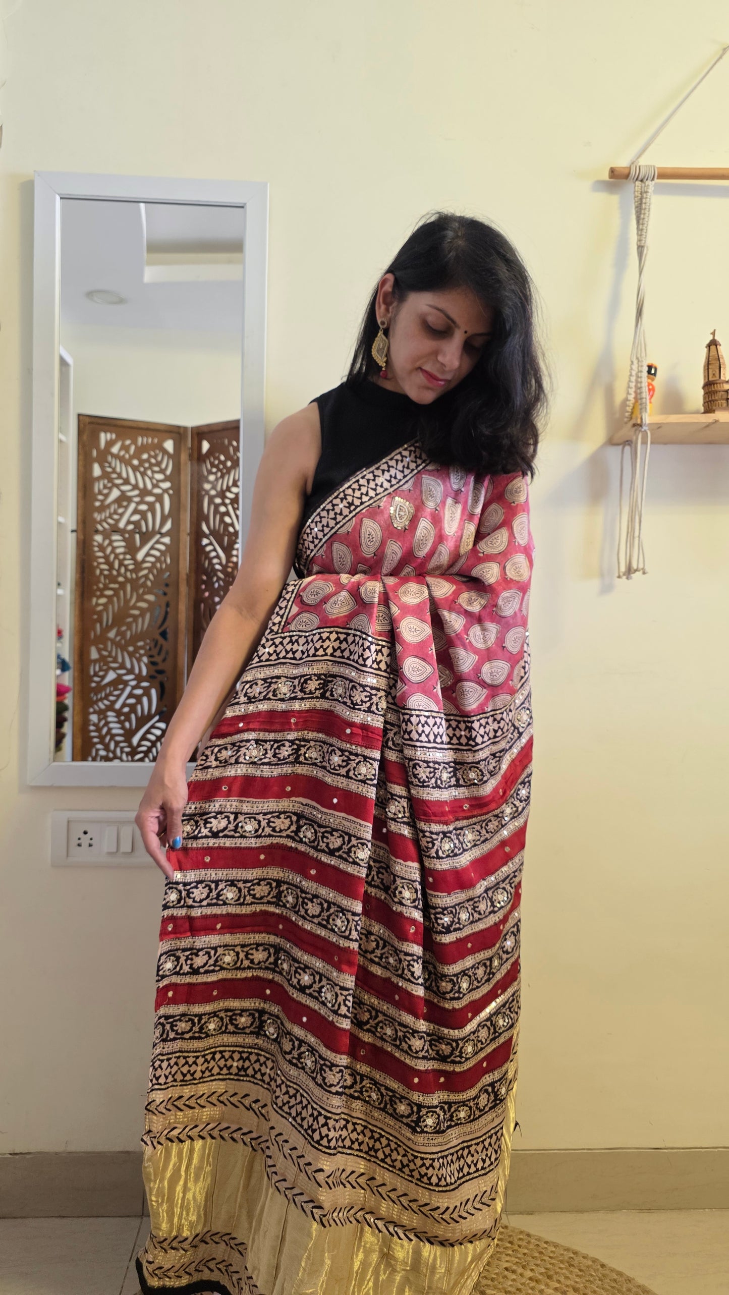 Bijli |Modal ajrakh Saree tissue pallu with hand embroidery