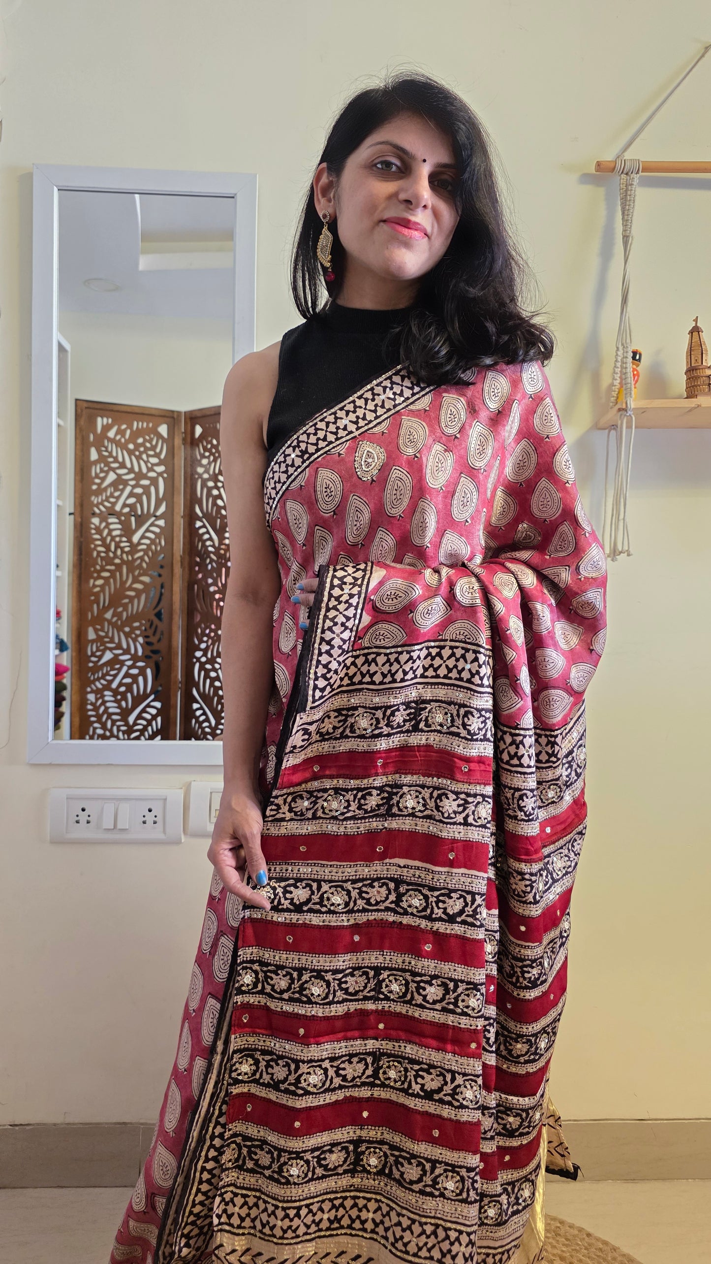 Bijli |Modal ajrakh Saree tissue pallu with hand embroidery