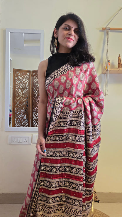 Bijli |Modal ajrakh Saree tissue pallu with hand embroidery