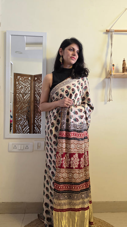 Bijli |Modal ajrakh Saree tissue pallu with hand embroidery