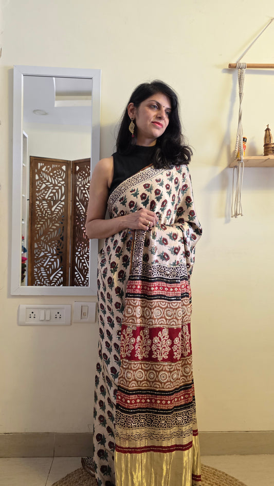 Bijli |Modal ajrakh Saree tissue pallu with hand embroidery
