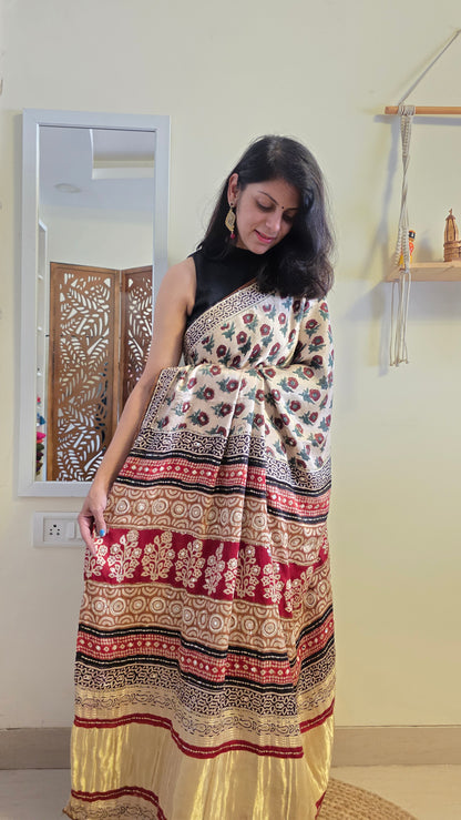 Bijli |Modal ajrakh Saree tissue pallu with hand embroidery